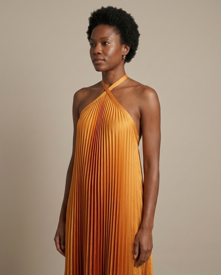Saffron Pleated Halter High-Low Maxi Dress worn by a model, close waist-up view