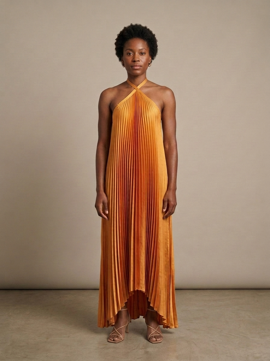 Saffron Pleated Halter High-Low Maxi Dress worn by a model, front view