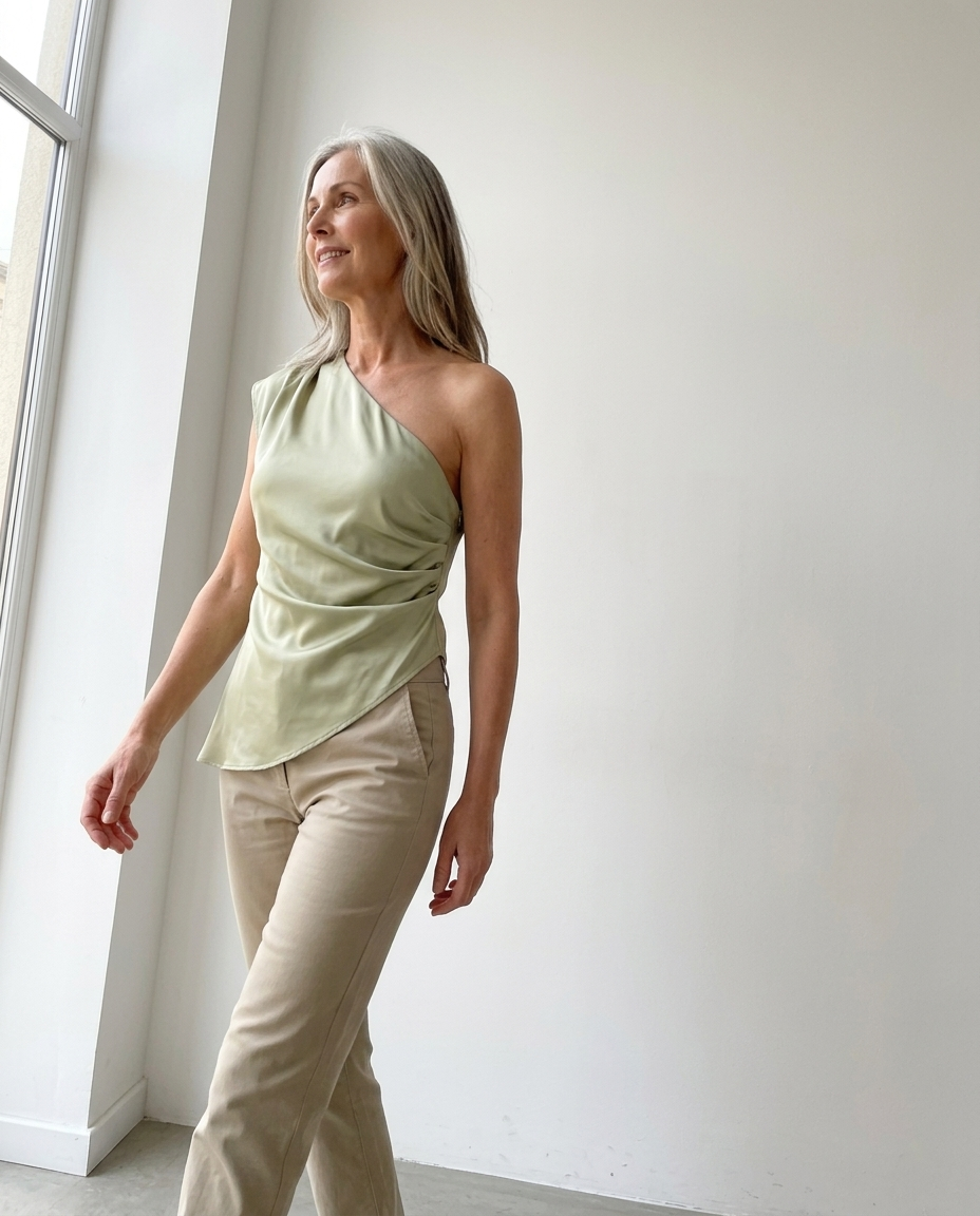 Satin Draped One-Shoulder Asymmetrical Top styled in a daylight interior setting