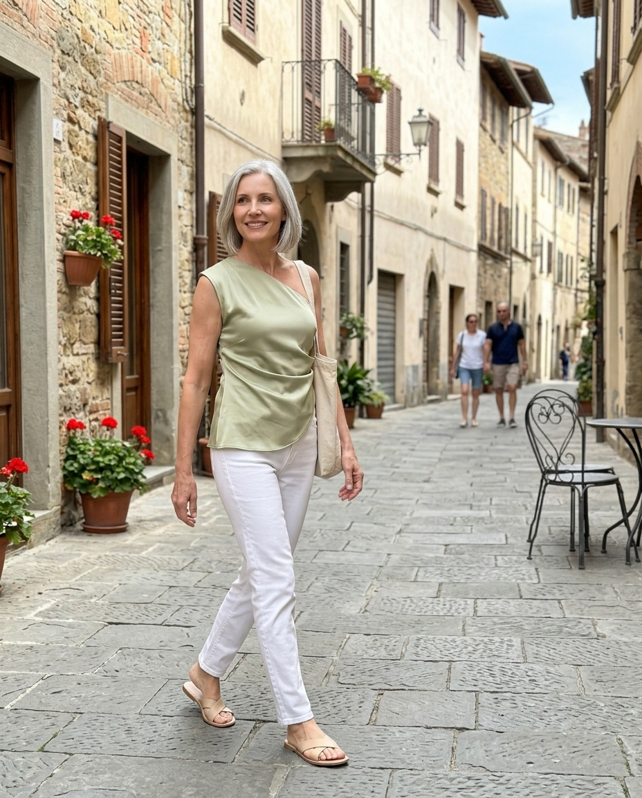 Satin Draped One-Shoulder Asymmetrical Top worn in an everyday street setting