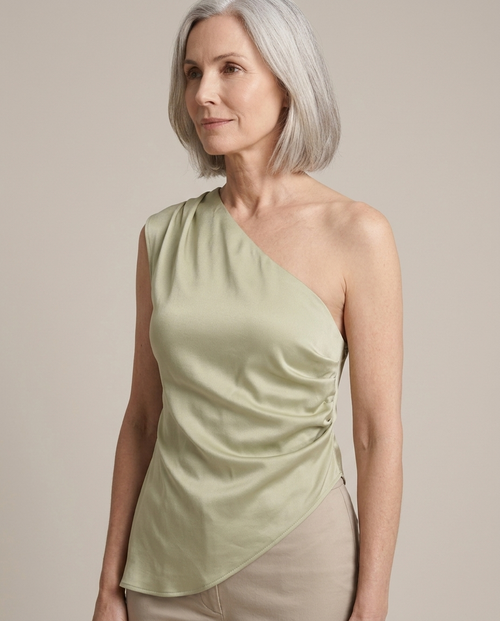 Satin Draped One-Shoulder Asymmetrical Top worn by a model, close waist-up view