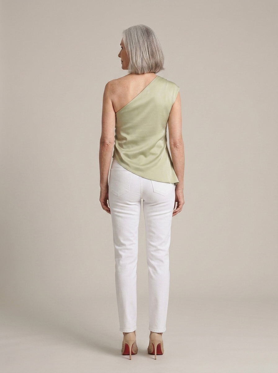 Satin Draped One-Shoulder Asymmetrical Top worn by a model, back view