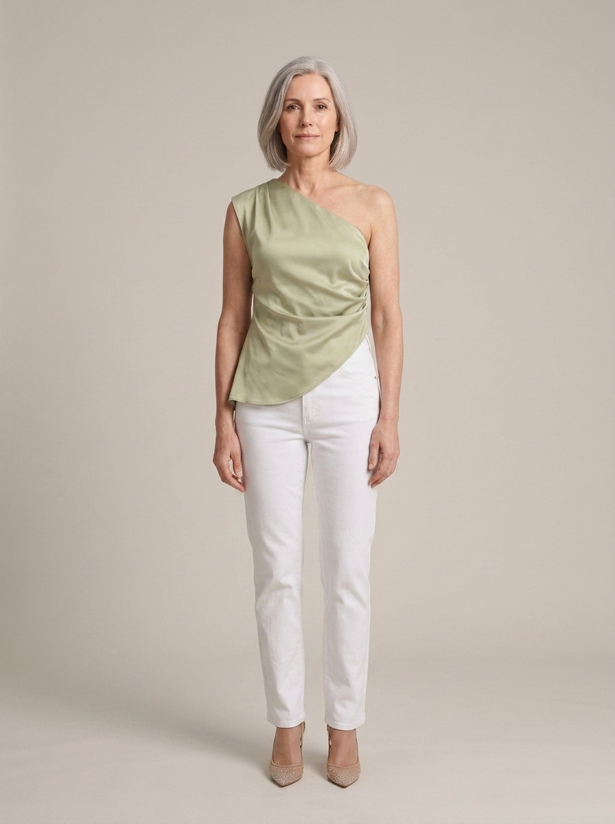 Satin Draped One-Shoulder Asymmetrical Top worn by a model, front view
