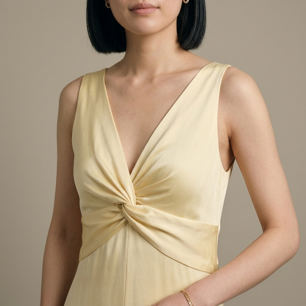 Close-up of Satin Maxi Dress, Twisted V-Neck Detail detail