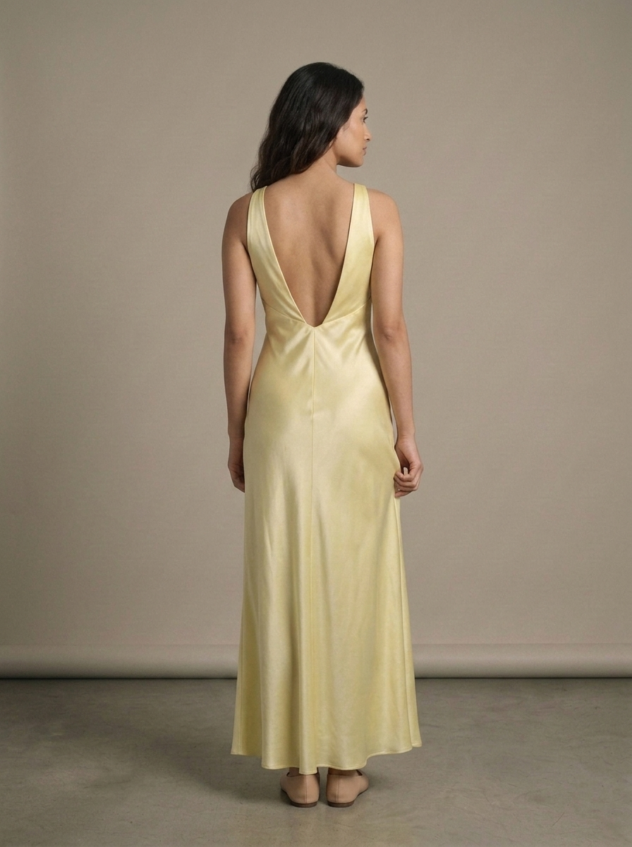 Satin Twisted-V-Neck Maxi Dress worn by a model, back view
