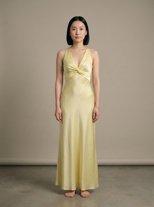 Satin Maxi Dress, Twisted V-Neck Detail worn by a model, front view