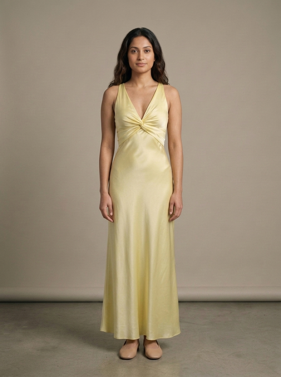 Satin Maxi Dress, Twisted V-Neck Detail worn by a model, front view