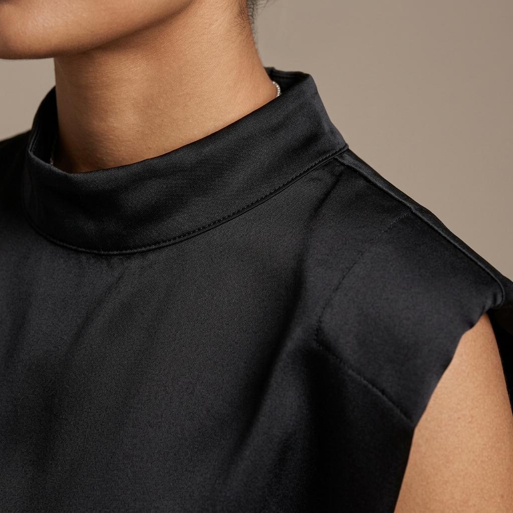 Close-up of Satin Wide Leg Trousers and Padded Shoulder Top Set detail