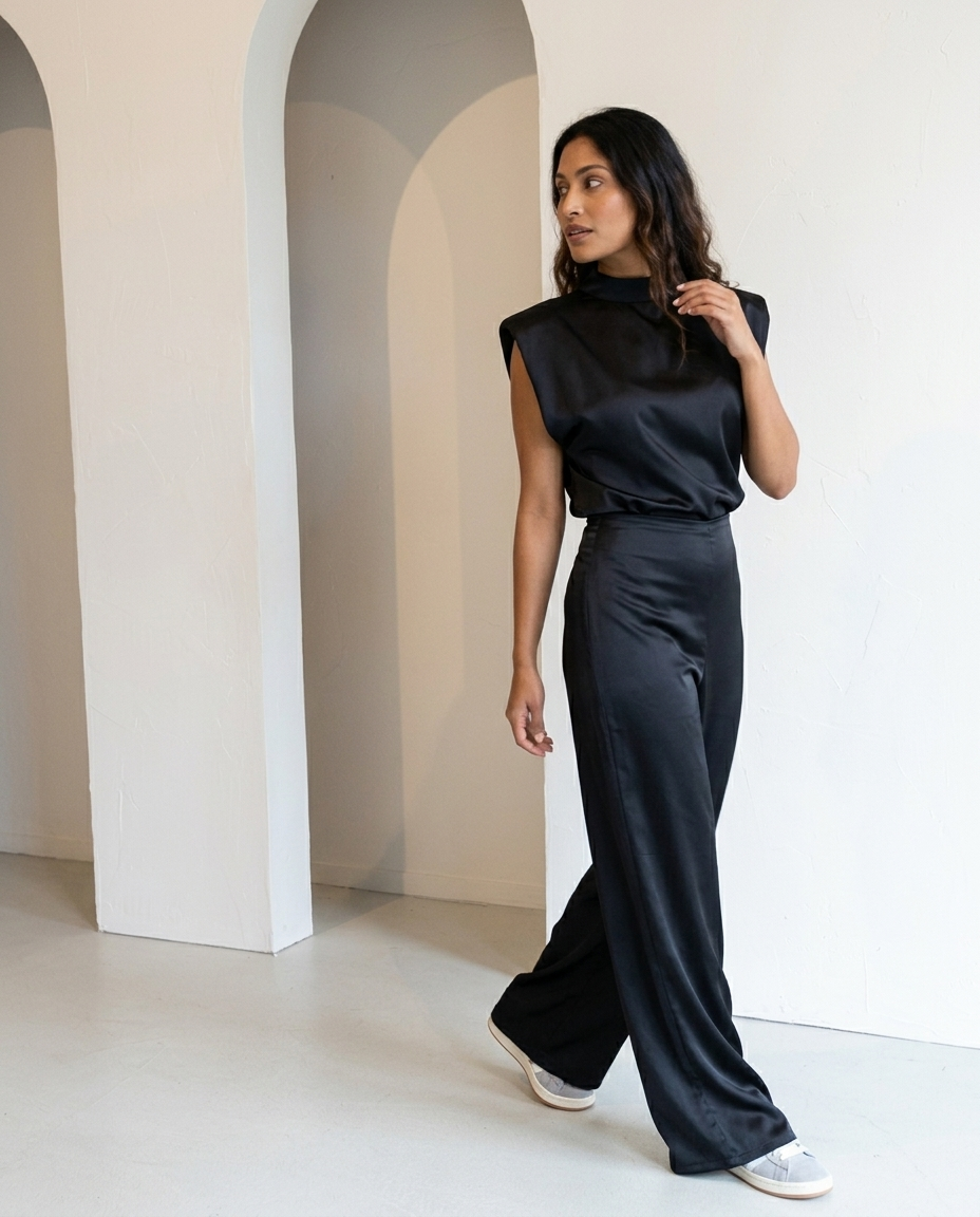 Satin Wide Leg Trousers and Padded Shoulder Top Set styled in a daylight interior setting