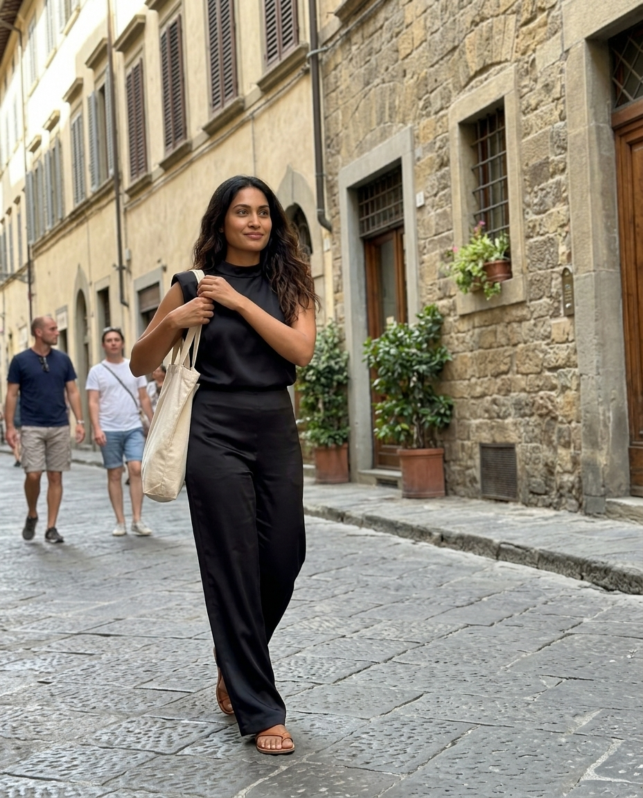 Satin Wide Leg Trousers and Padded Shoulder Top Set worn in an everyday street setting