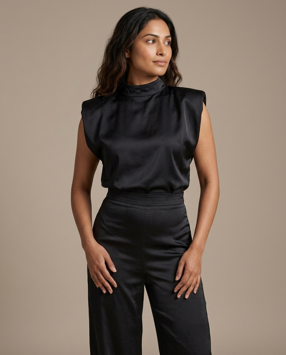 Satin Wide Leg Trousers and Padded Shoulder Top Set worn by a model, close waist-up view