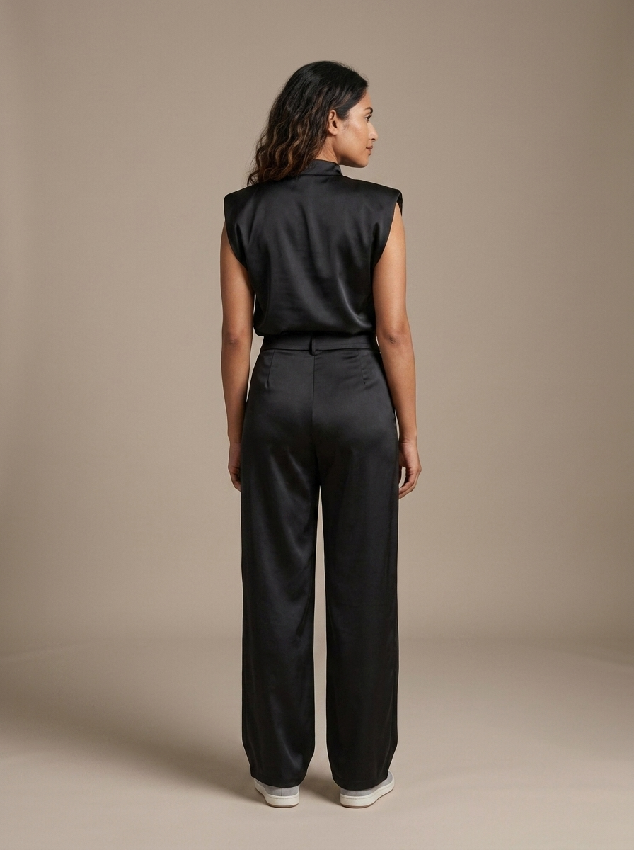 Satin Wide Leg Trousers and Padded Shoulder Top Set worn by a model, back view