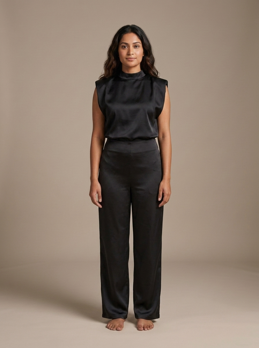 Satin Wide Leg Trousers and Padded Shoulder Top Set worn by a model, front view