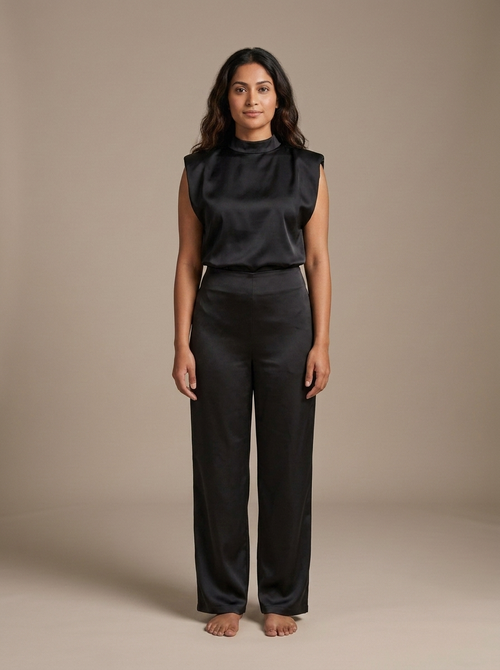 Satin Wide Leg Trousers and Padded Shoulder Top Set worn by a model, front view