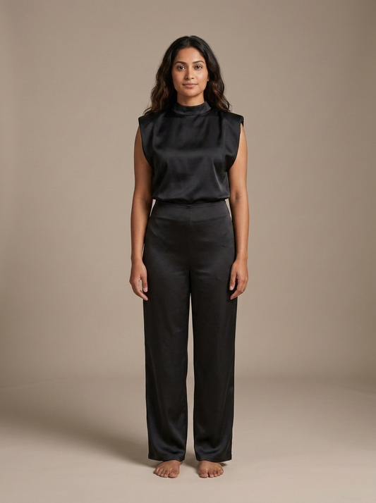 Satin Wide Leg Trousers and Padded Shoulder Top Set worn by a model, front view