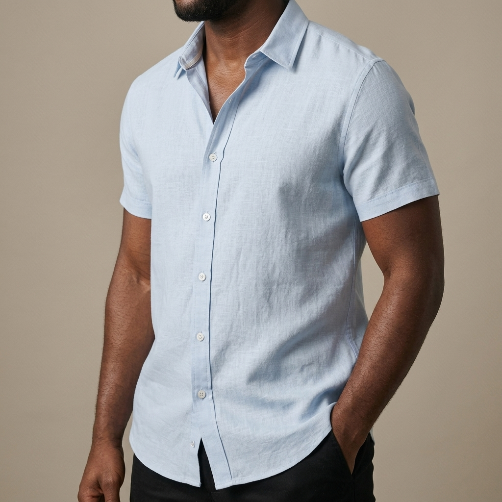 Close-up of Short Sleeve Sky Blue Linen Blend Shirt detail