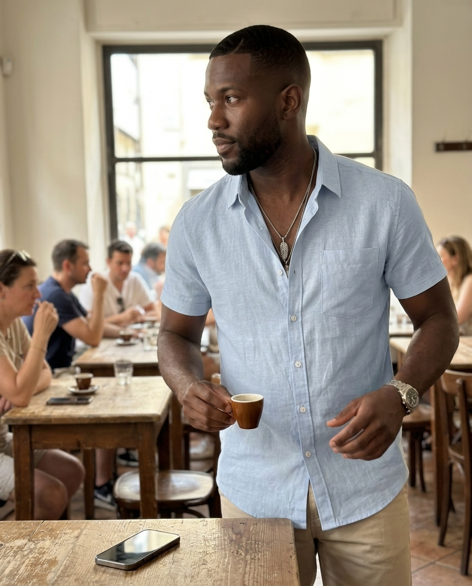 Short Sleeve Sky Blue Linen Blend Shirt styled in a daylight interior setting
