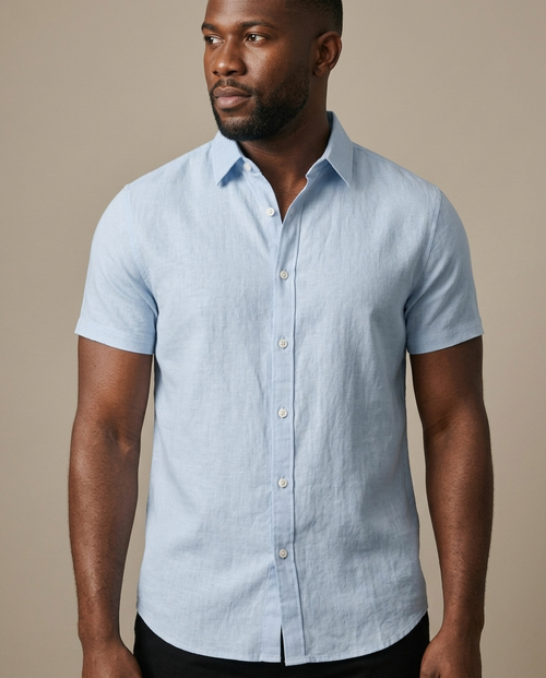 Short Sleeve Sky Blue Linen Blend Shirt worn by a model, close waist-up view