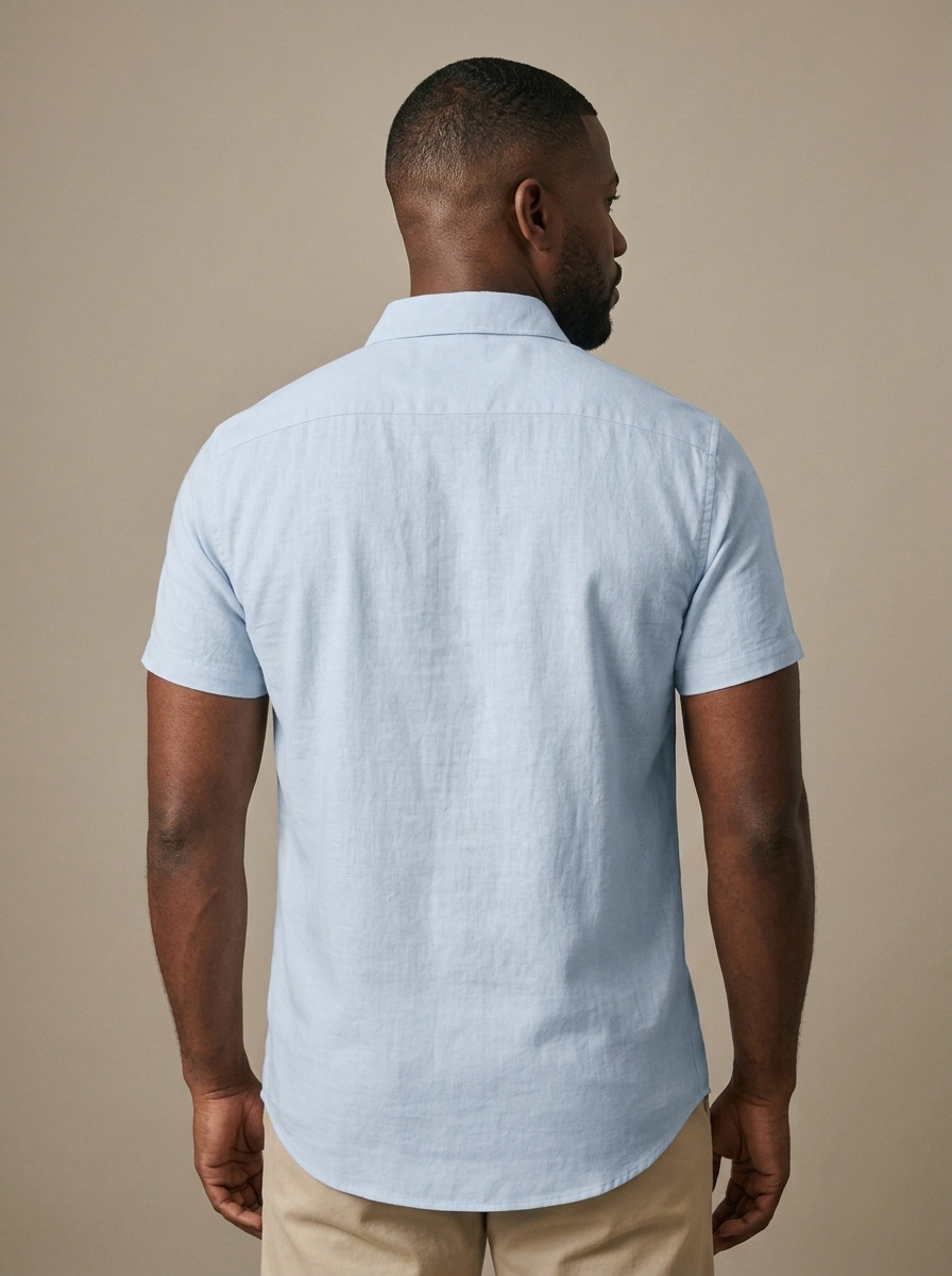 Short Sleeve Sky Blue Linen Blend Shirt worn by a model, back view
