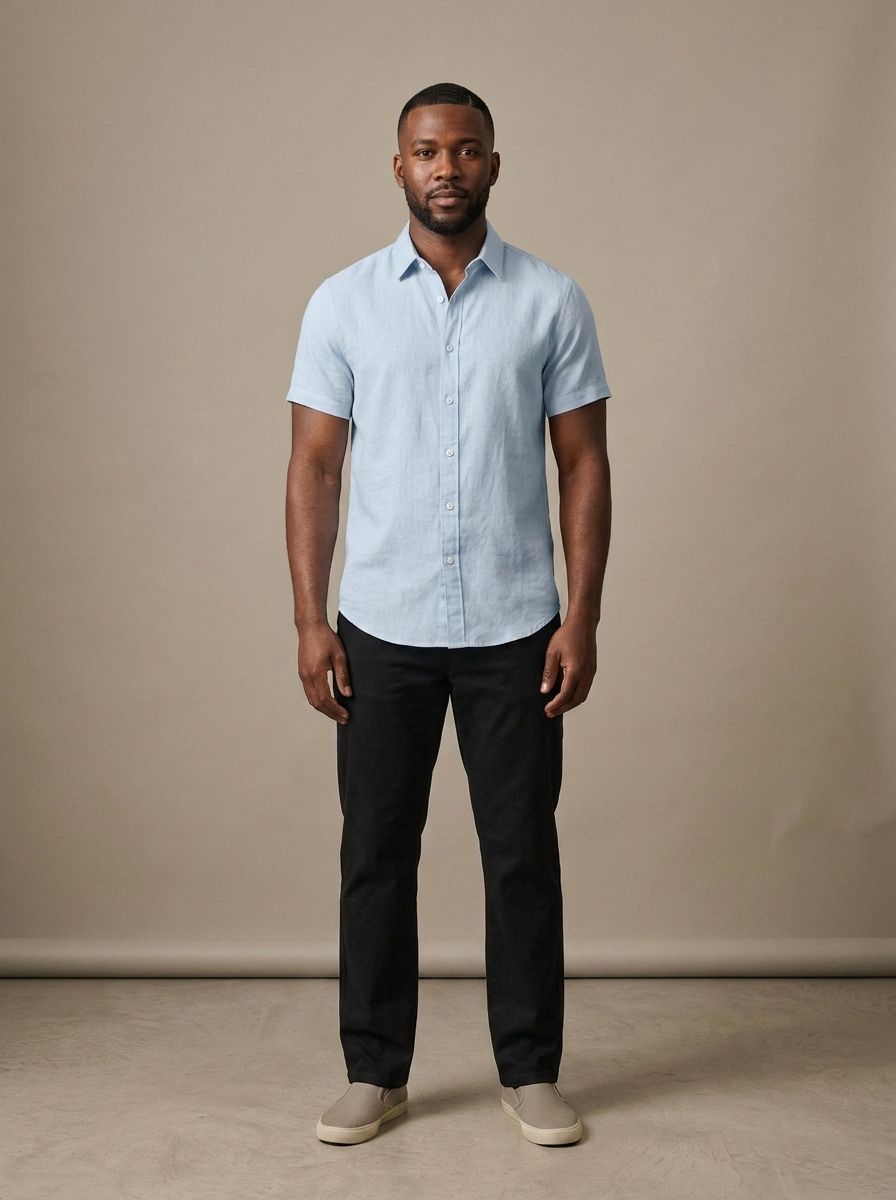 Short Sleeve Sky Blue Linen Blend Shirt worn by a model, front view