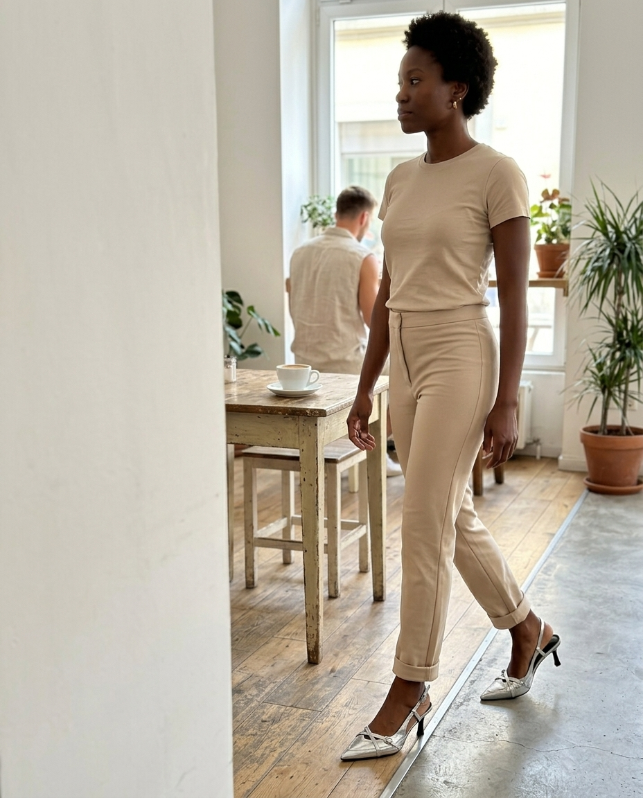 Silver Metallic Pointed Toe Slingback Heels styled in a daylight interior setting