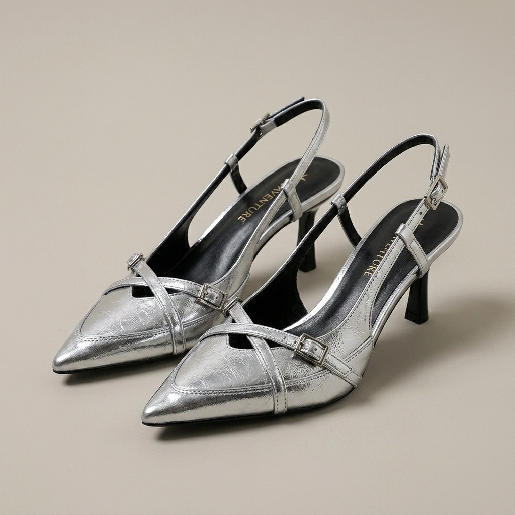 Close-up of Silver Metallic Pointed Toe Slingback Heels