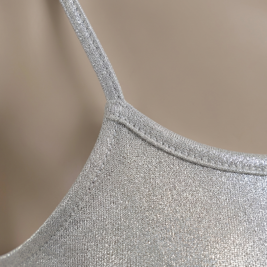 Close-up of Silver Metallic Spaghetti Strap Maxi Dress fabric and detailing