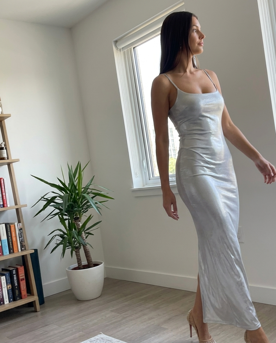 Silver Metallic Spaghetti Strap Maxi Dress styled in a daylight interior setting