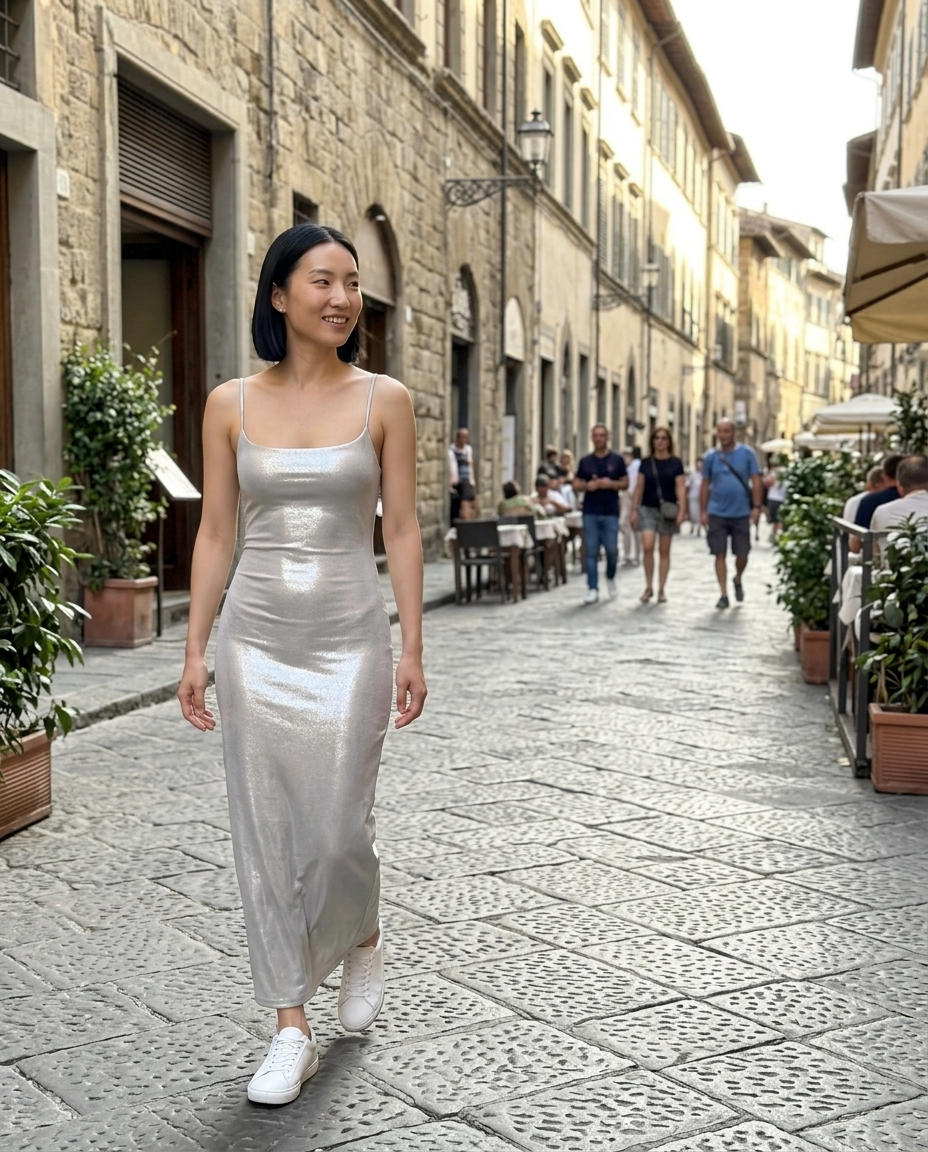 Silver Metallic Spaghetti Strap Maxi Dress worn in an everyday street setting