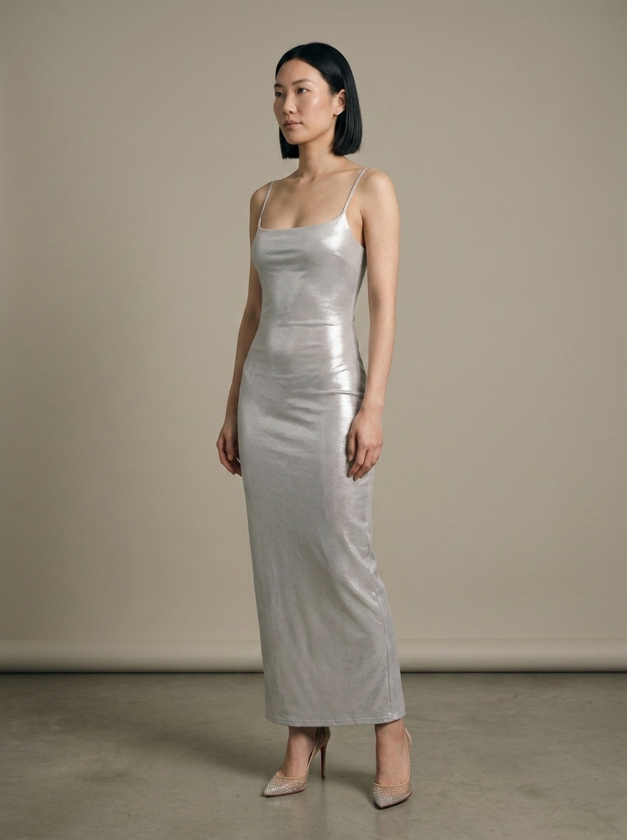 Silver Metallic Spaghetti Strap Maxi Dress worn by a model, three-quarter angle