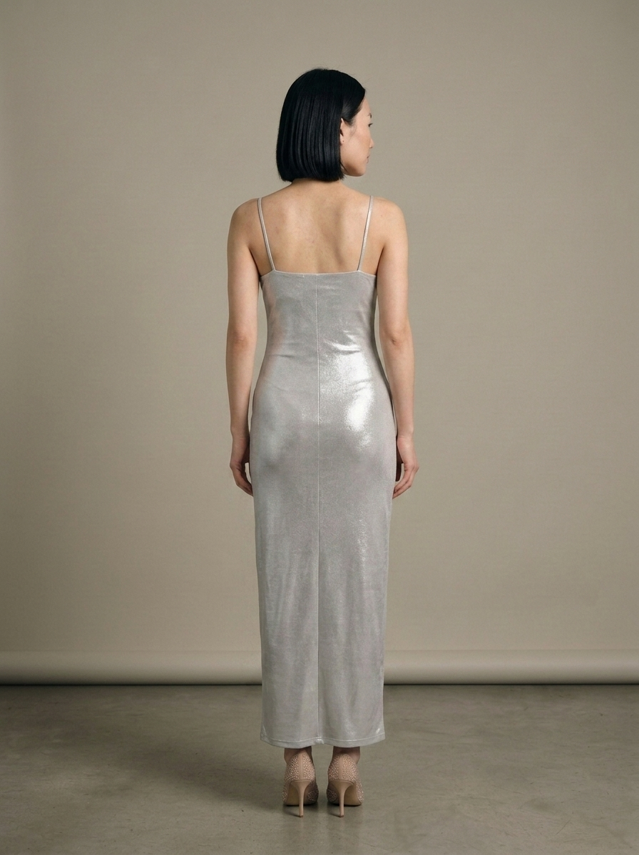 Silver Metallic Spaghetti Strap Maxi Dress worn by a model, back view