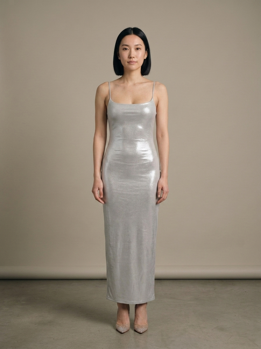 Silver Metallic Spaghetti Strap Maxi Dress worn by a model, front view