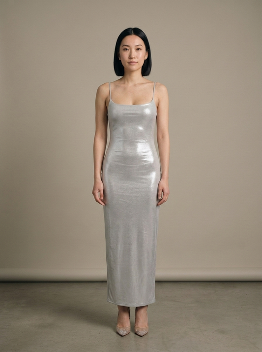 Silver Metallic Spaghetti Strap Maxi Dress worn by a model, front view