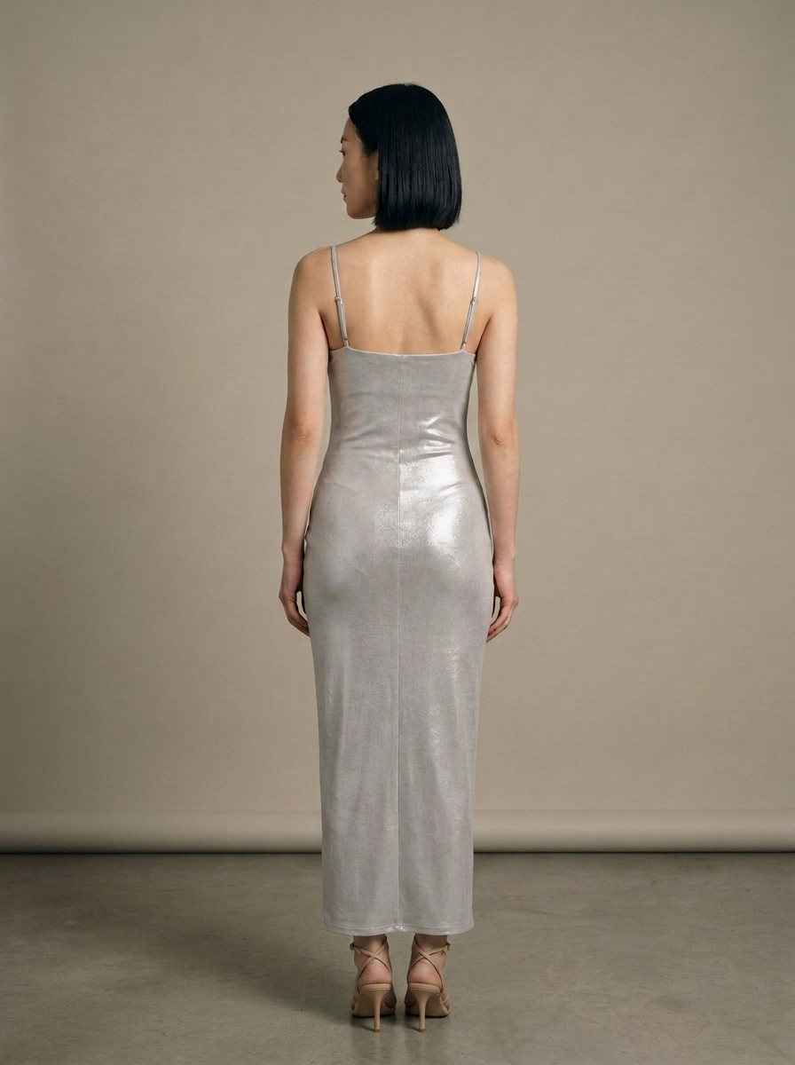 Silver Metallic Spaghetti Strap Maxi Dress worn by a model, back view