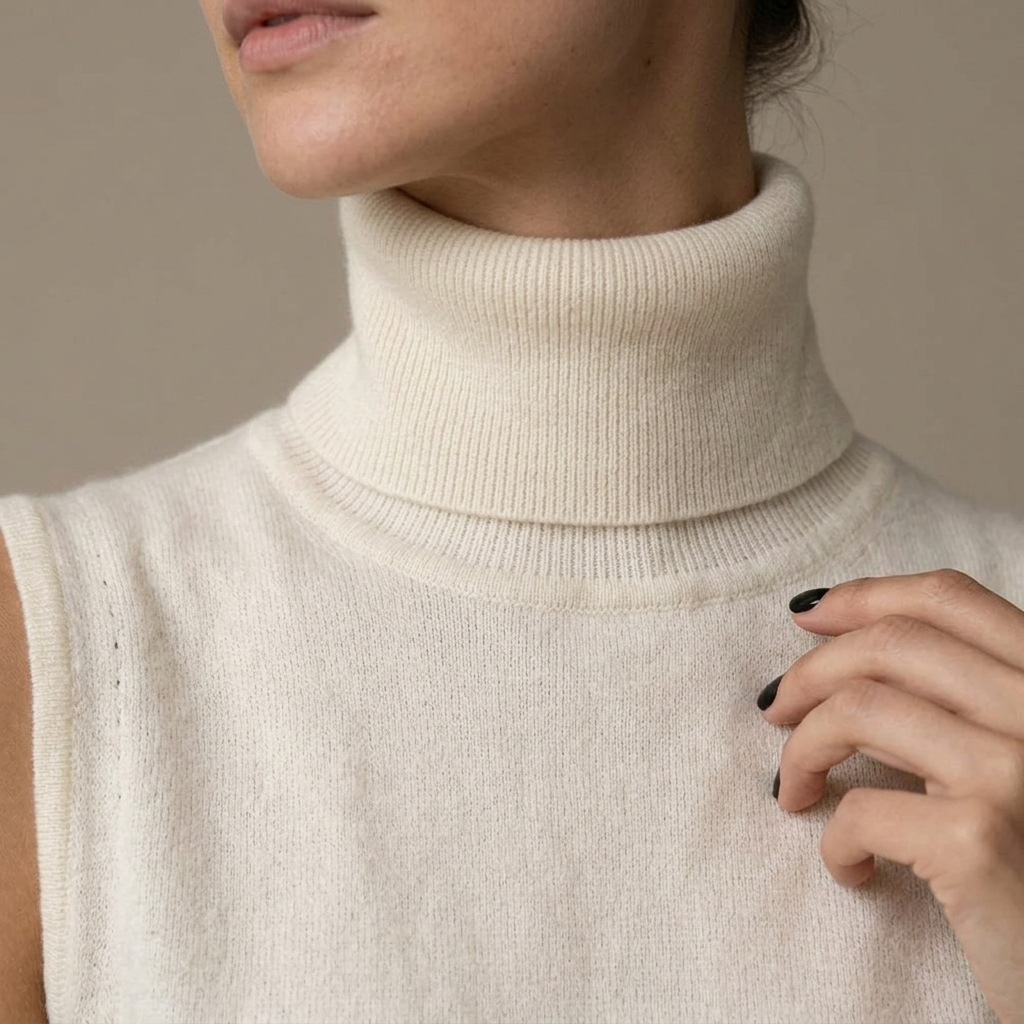 Close-up of Sleeveless Turtleneck Knit Top, Ribbed Hem detail