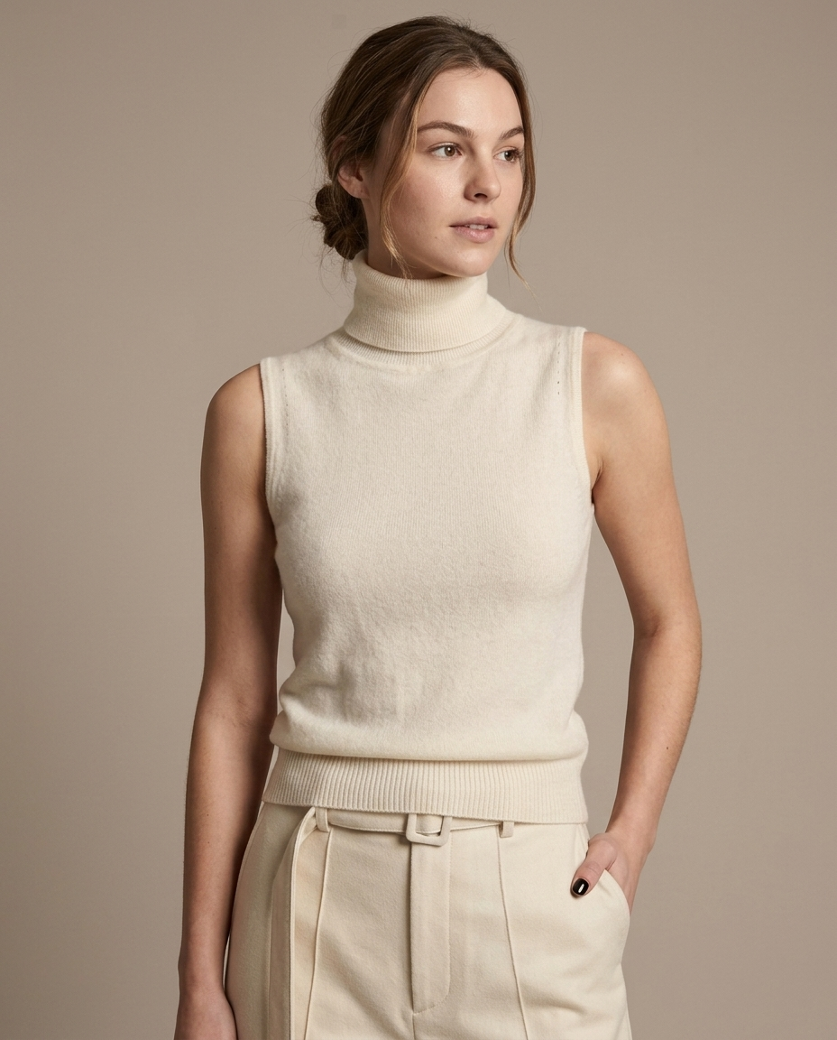 Sleeveless Turtleneck Knit Top, Ribbed Hem worn by a model, close waist-up view