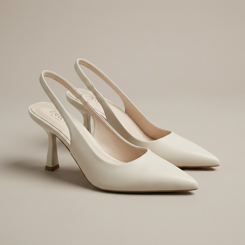 Close-up of Slingback Pointed Toe Heels, Cream Faux Leather