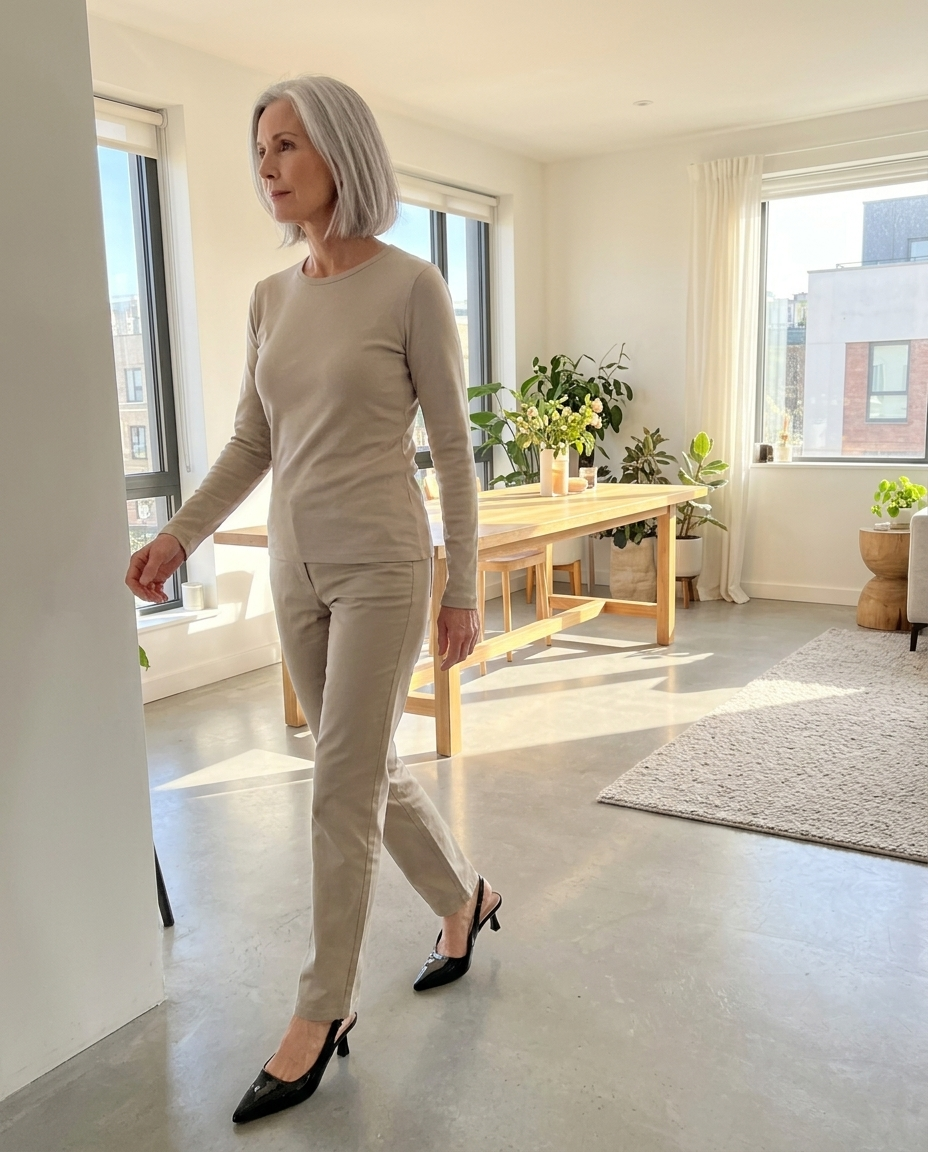 Slingback Pointed Toe Patent Kitten Heels styled in a daylight interior setting