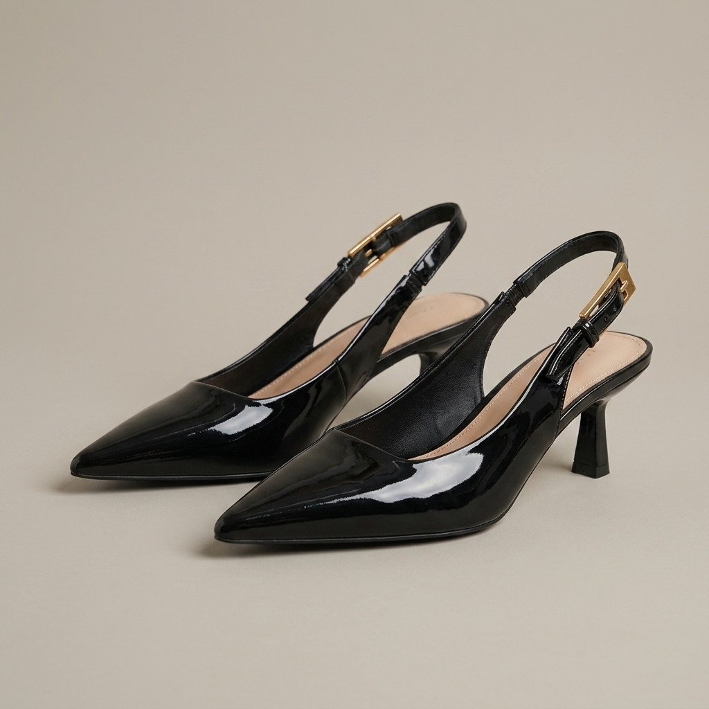 Close-up of Slingback Pointed Toe Patent Kitten Heels