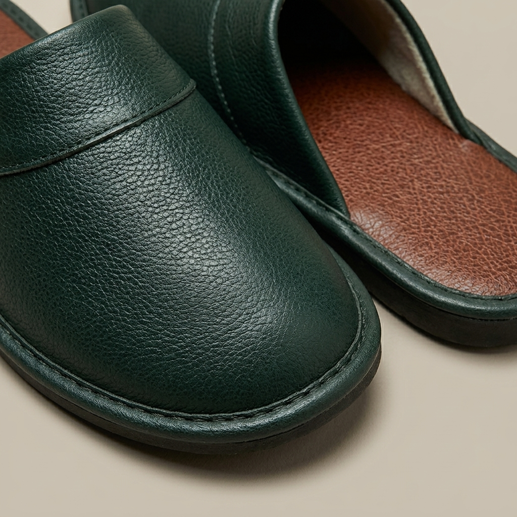 Close-up of Slip-On House Slippers, Dark Green Leather fabric and detailing