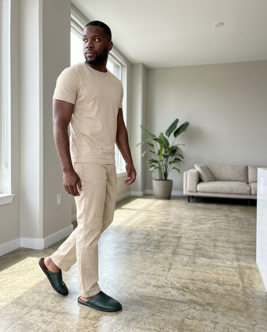 Slip-On House Slippers, Dark Green Leather styled in a daylight interior setting
