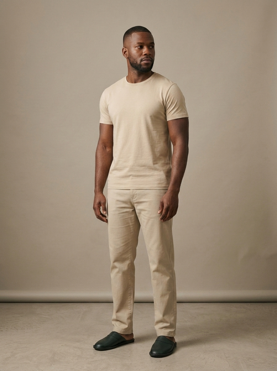 Slip-On House Slippers, Dark Green Leather worn by a model, three-quarter angle
