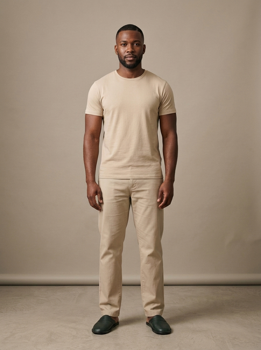 Slip-On House Slippers, Dark Green Leather worn by a model, front view