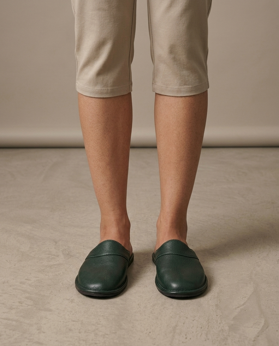 Slip-On House Slippers, Dark Green Leather on the foot