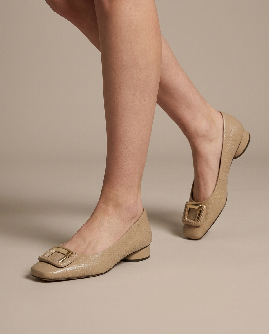 Square-Toe Flats, Beige Textured Buckle worn, walking