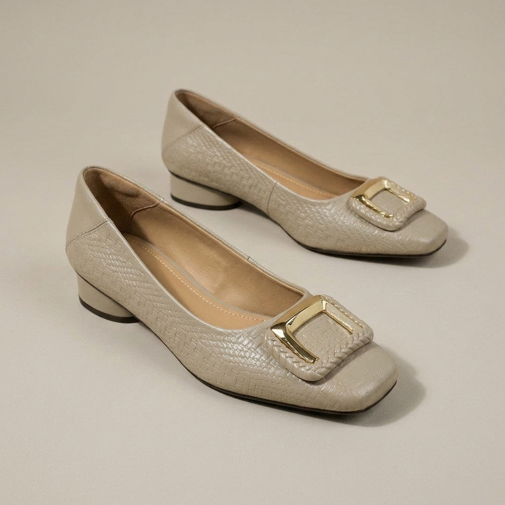 Close-up of Square-Toe Flats, Beige Textured Buckle