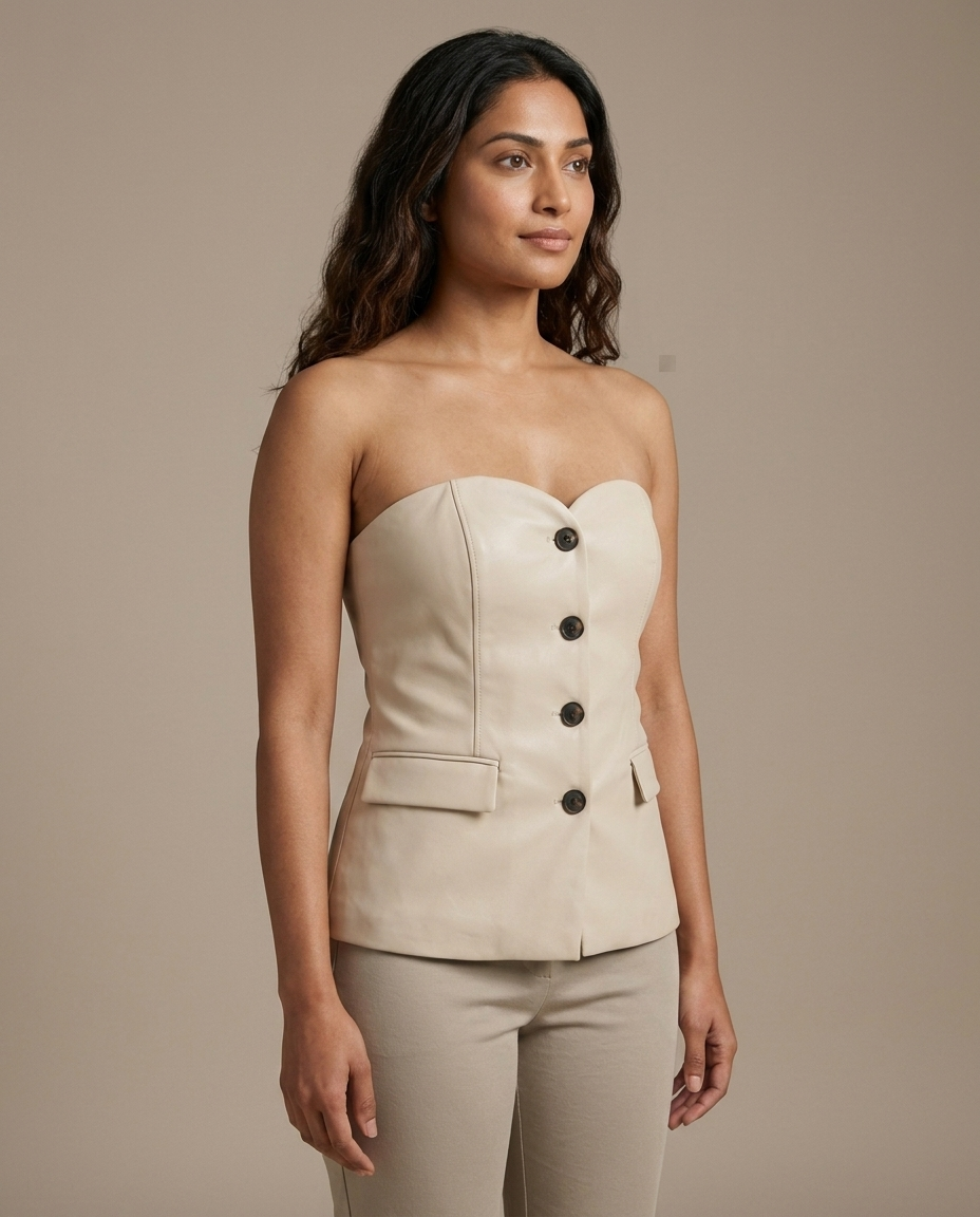 Strapless Faux Leather Blazer Style Top worn by a model, close waist-up view