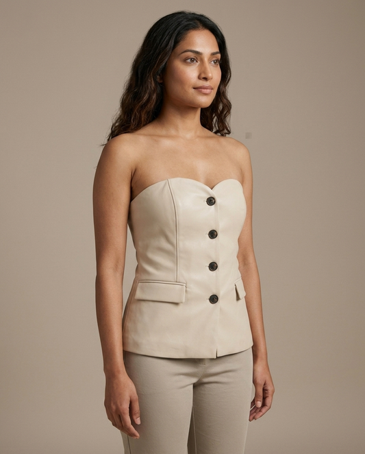 Strapless Faux Leather Blazer Style Top worn by a model, close waist-up view