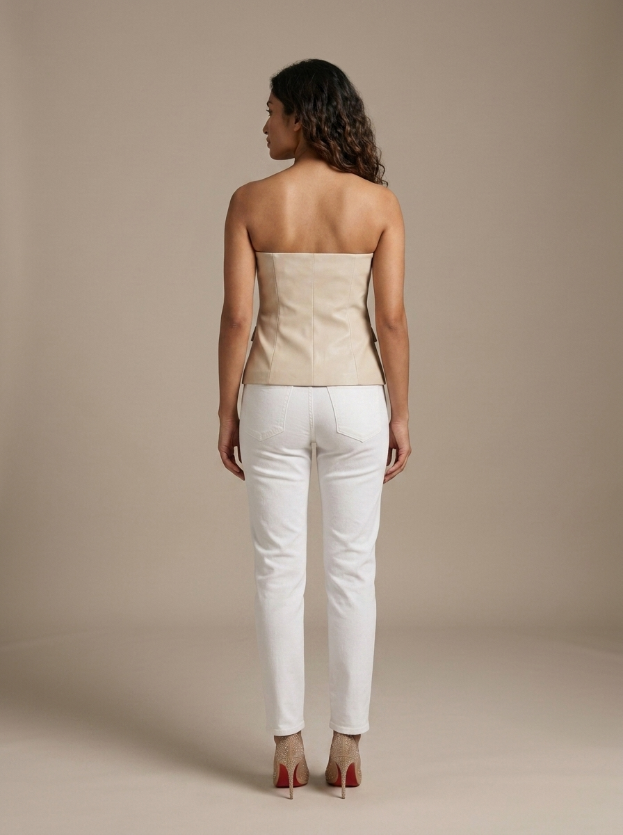 Strapless Faux Leather Blazer Style Top worn by a model, back view