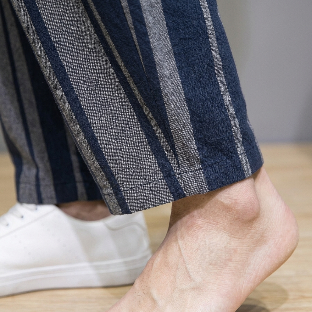 Close-up of Striped Wide-Leg Drawstring Linen Pants detail
